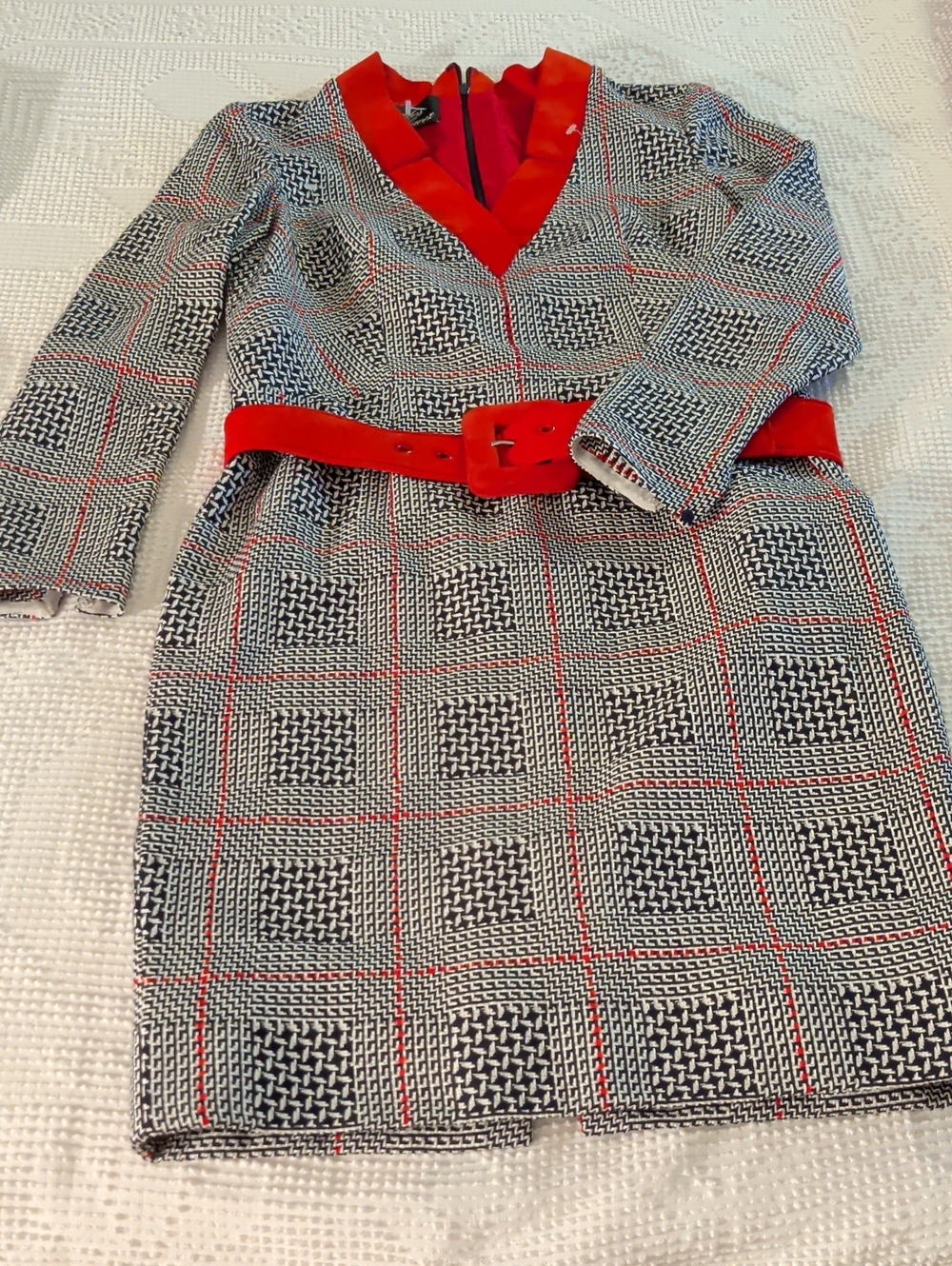 Lourdes Chavez Women's Plaid Dress Coat with Red Trim and Belt